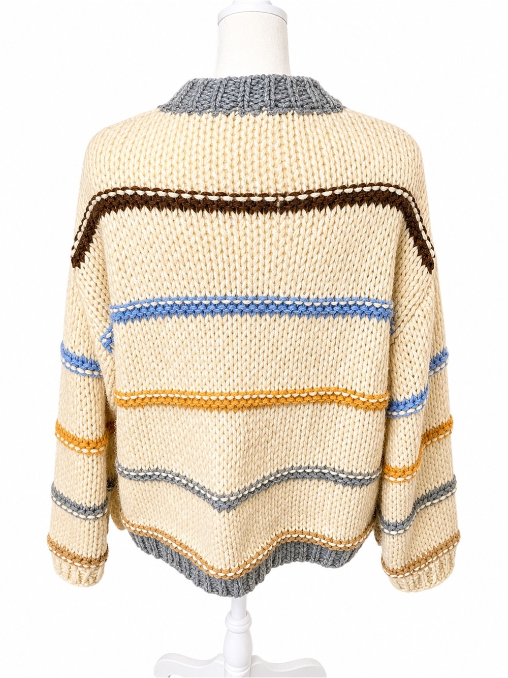 Vici Cream Chunky Cardigan with Gray Trim and Blue, Brown & Mustard Stripes - Picture 3 of 3